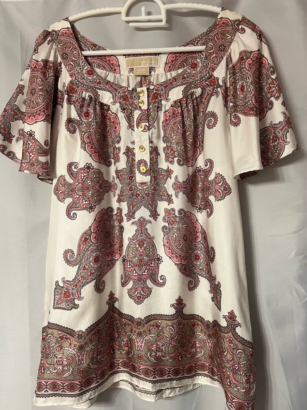 Michael Kors Paisley Print Flutter Sleeve Silk Top - White and Pink. EUC. Size M
